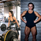 Woman lifting weights showcasing toned physique versus professional female bodybuilder.