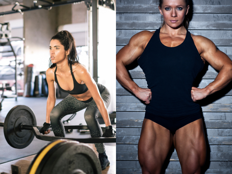 Woman lifting weights showcasing toned physique versus professional female bodybuilder.